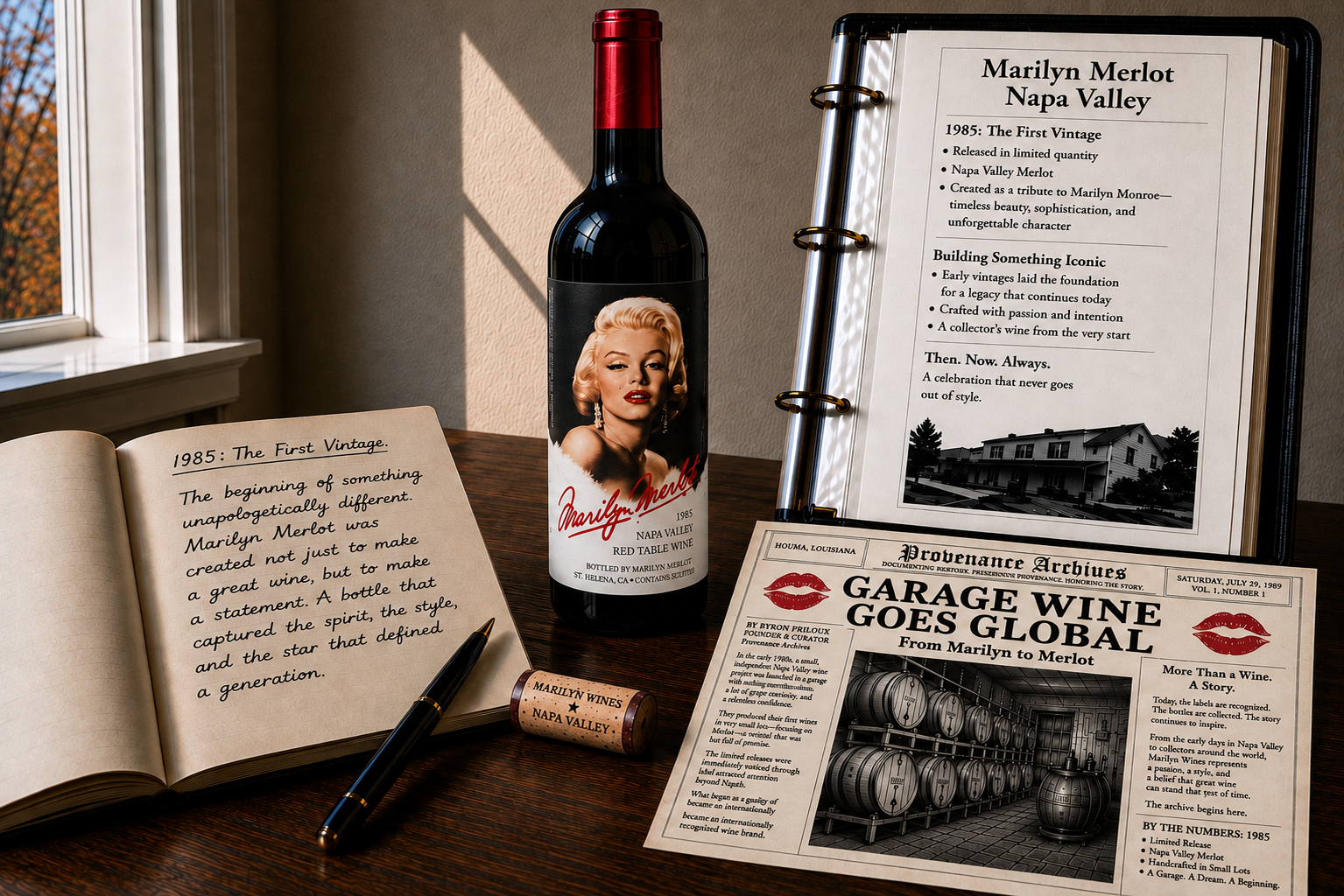 Marilyn Wines Historical Archive research display with a Marilyn Merlot bottle, archival notebook, research binder, and Provenance Archives newspaper.